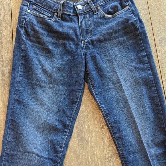 PAIGE, Dark Wash Distressed Skyline Boot Cut Low Rise Denim Blue Jeans, Size 27 - Picture 3 of 11